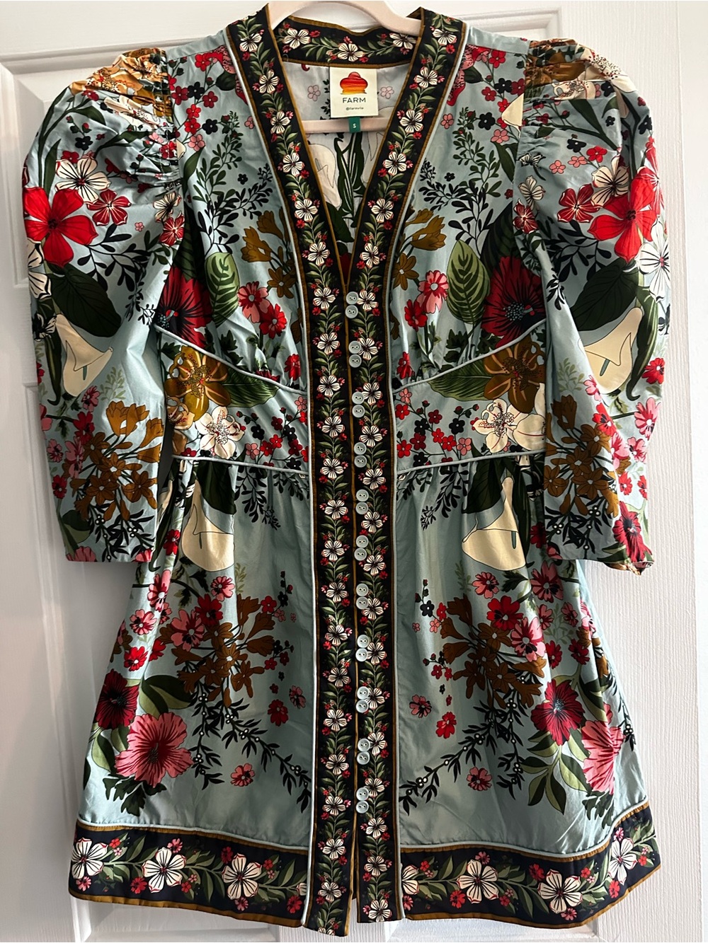 FARM Rio Teal Floral Puff-Sleeve Mini Dress